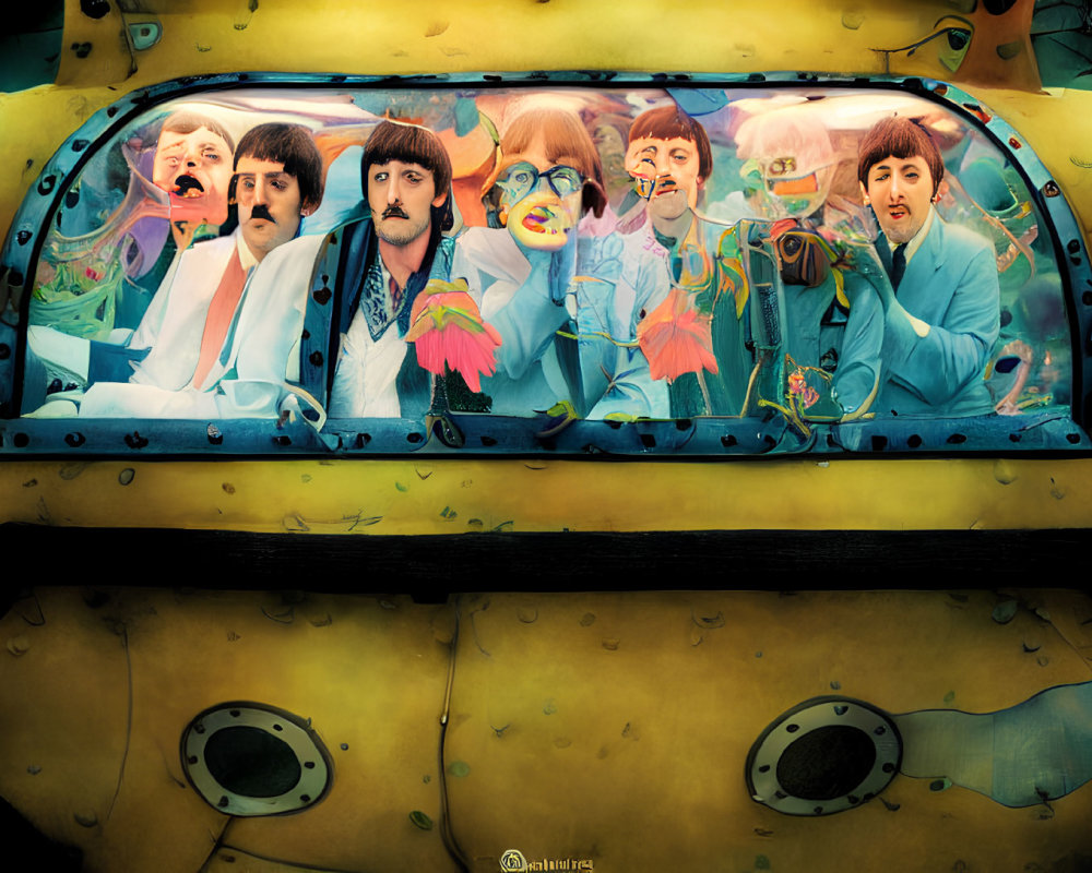 Colorful illustration of animated band characters in submarine-shaped vehicle