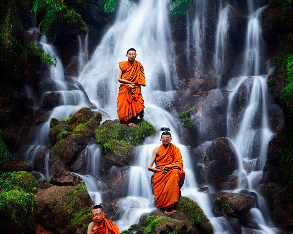 Three Monks Meditating by Cascading Waterfall