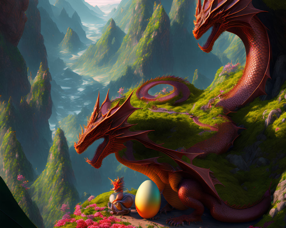 Dragon and knight with egg in mountain landscape and pink flowers