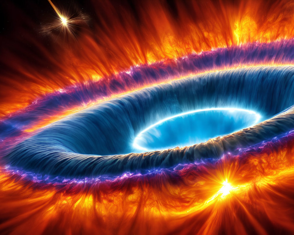 Celestial digital artwork with blue and purple ring, fiery orange and yellow hues