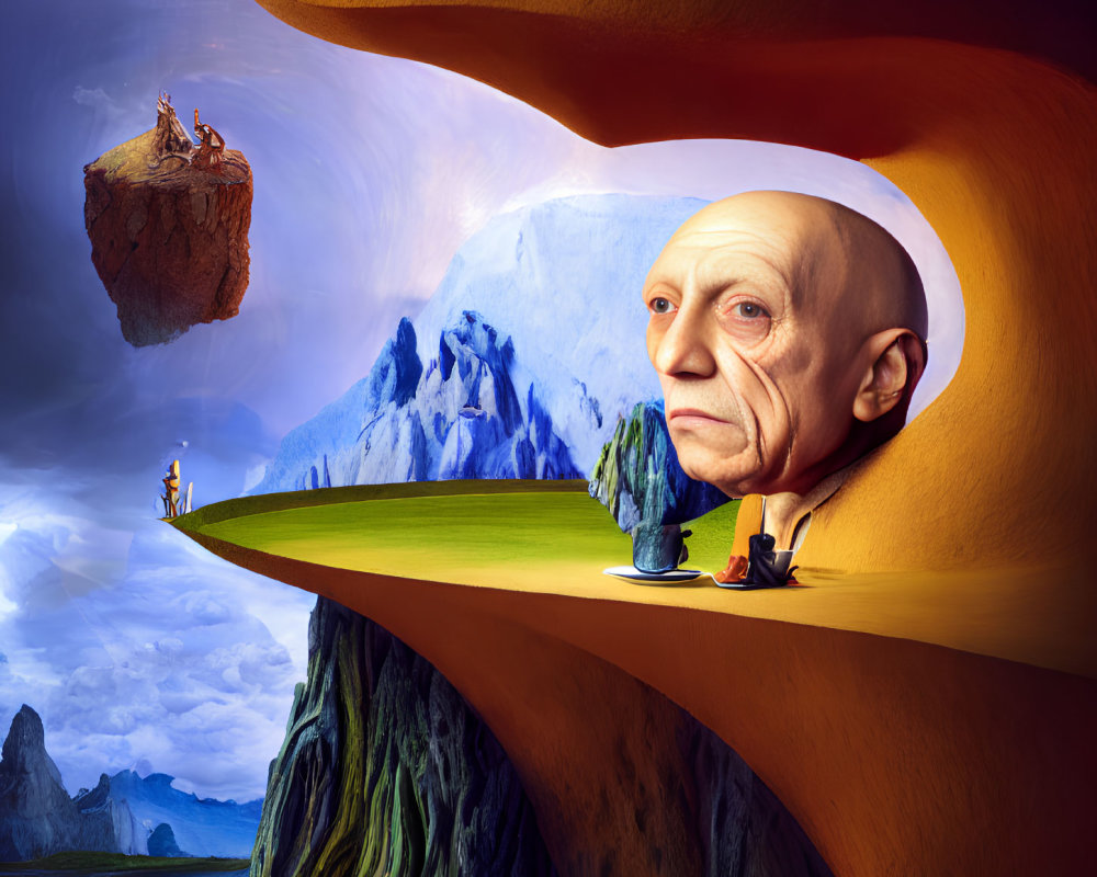 Bald man's head in profile in surreal composite landscape