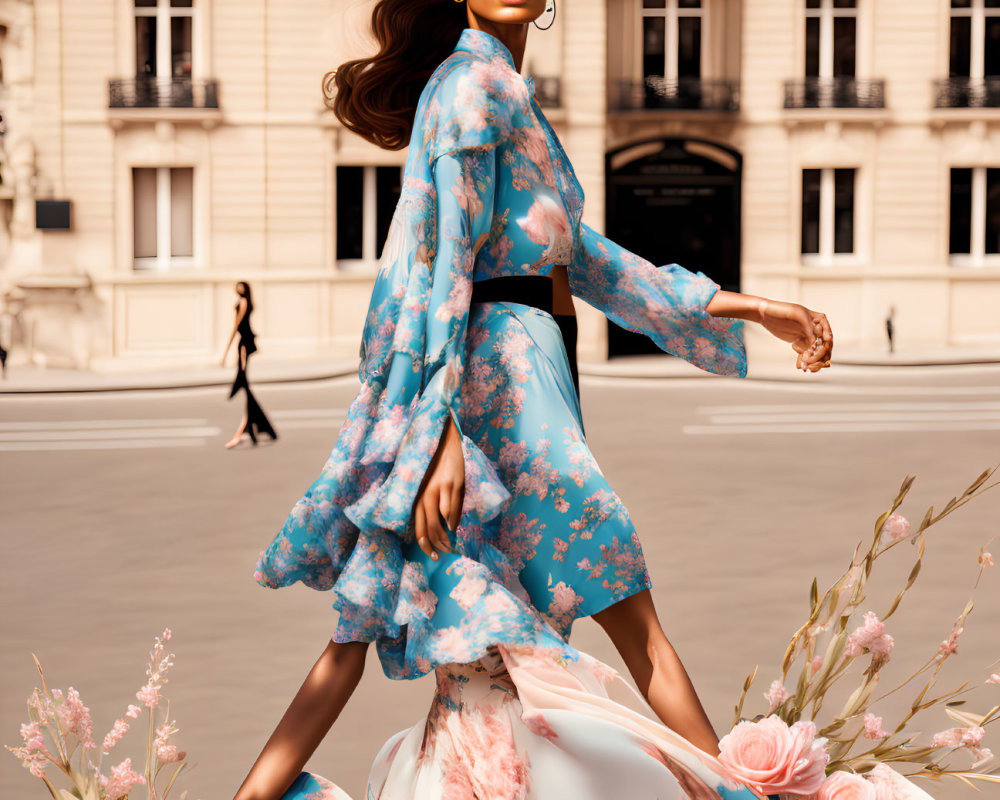 Woman in stylish blue floral dress on city street with serious expression