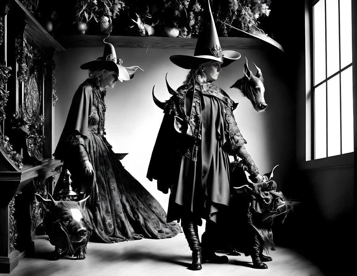 Two people in witch costumes with pointed hats in a room with unicorn head and shadows.