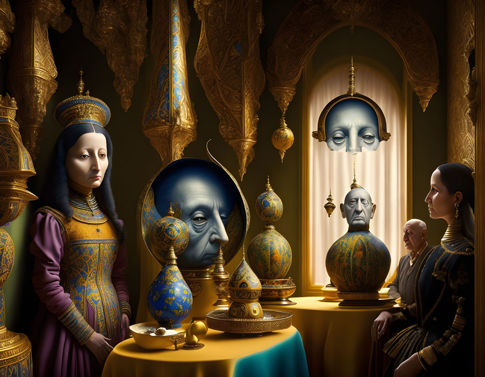 Surreal Renaissance-inspired scene with historical attire and ornate interiors