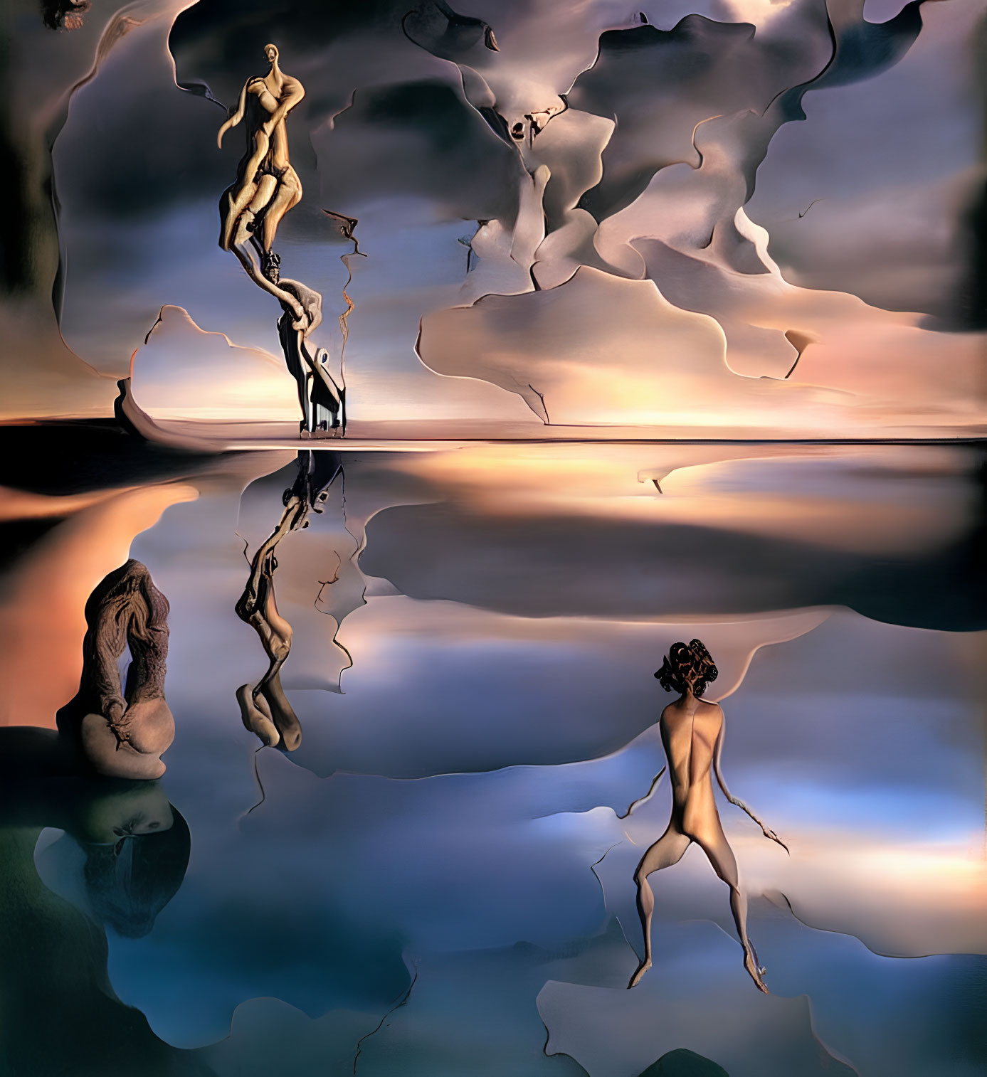 Surreal painting with warped figures and landscapes, mirrored images, dreamlike quality