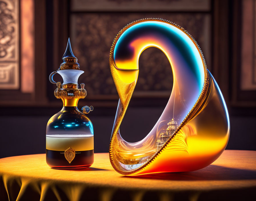 Glass decanter and abstract sculpture on table with framed artworks