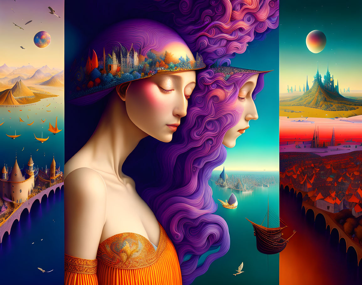 Surreal Artwork: Two Women with Vibrant Landscape Hats