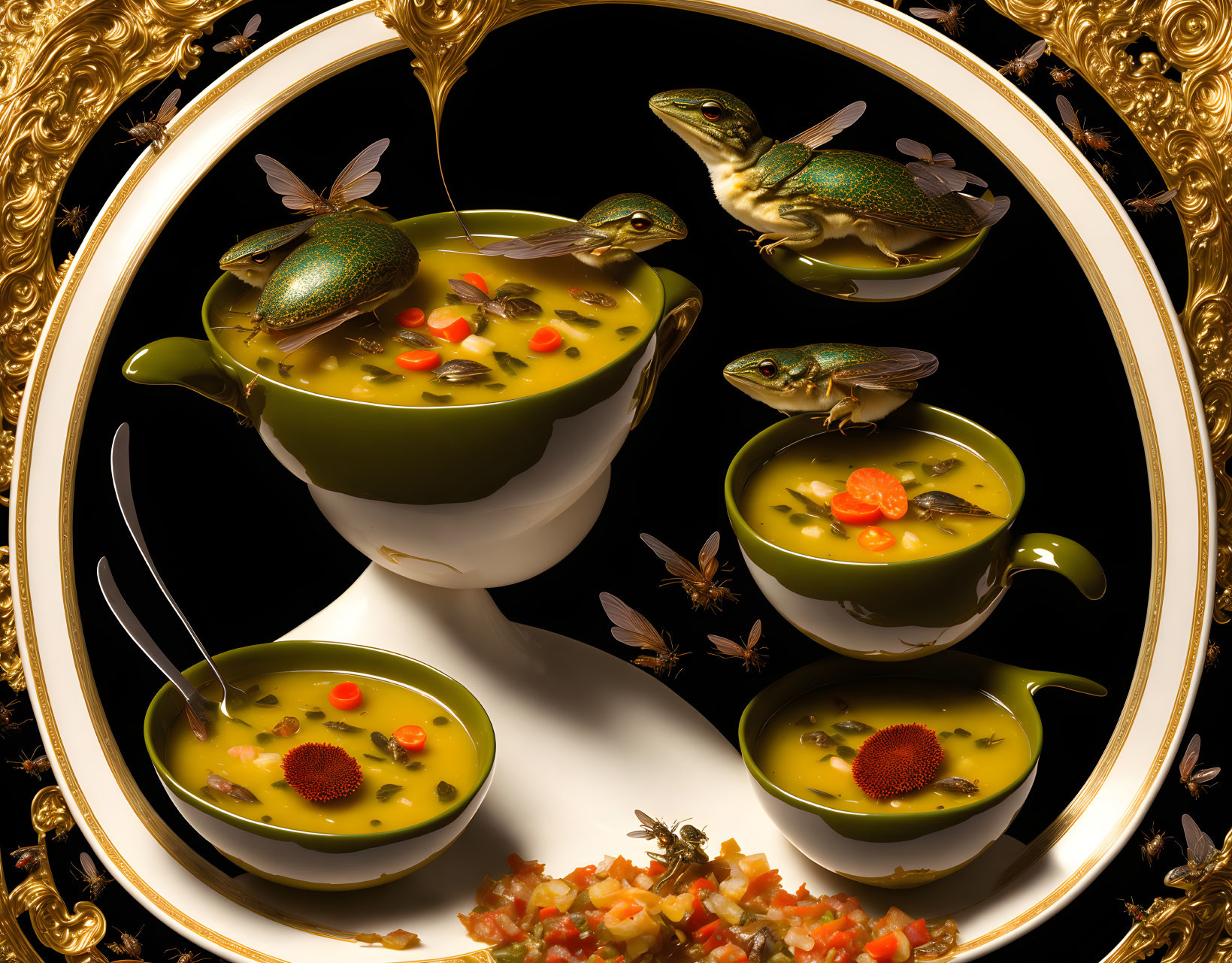 Surrealistic image: Frogs with butterfly wings on golden soup bowls in golden frame.