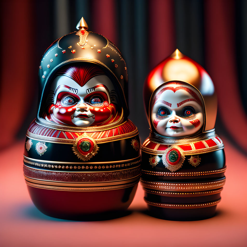 Intricately painted matryoshka dolls with Kathakali face designs on red backdrop