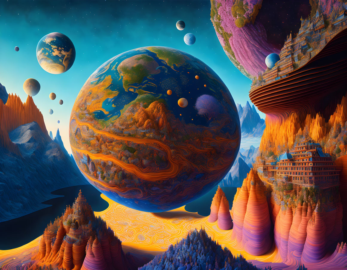 Detailed Sci-Fi Landscape with Large Planet, Colorful Alien Terrain, Mountains, Temples, and Multiple