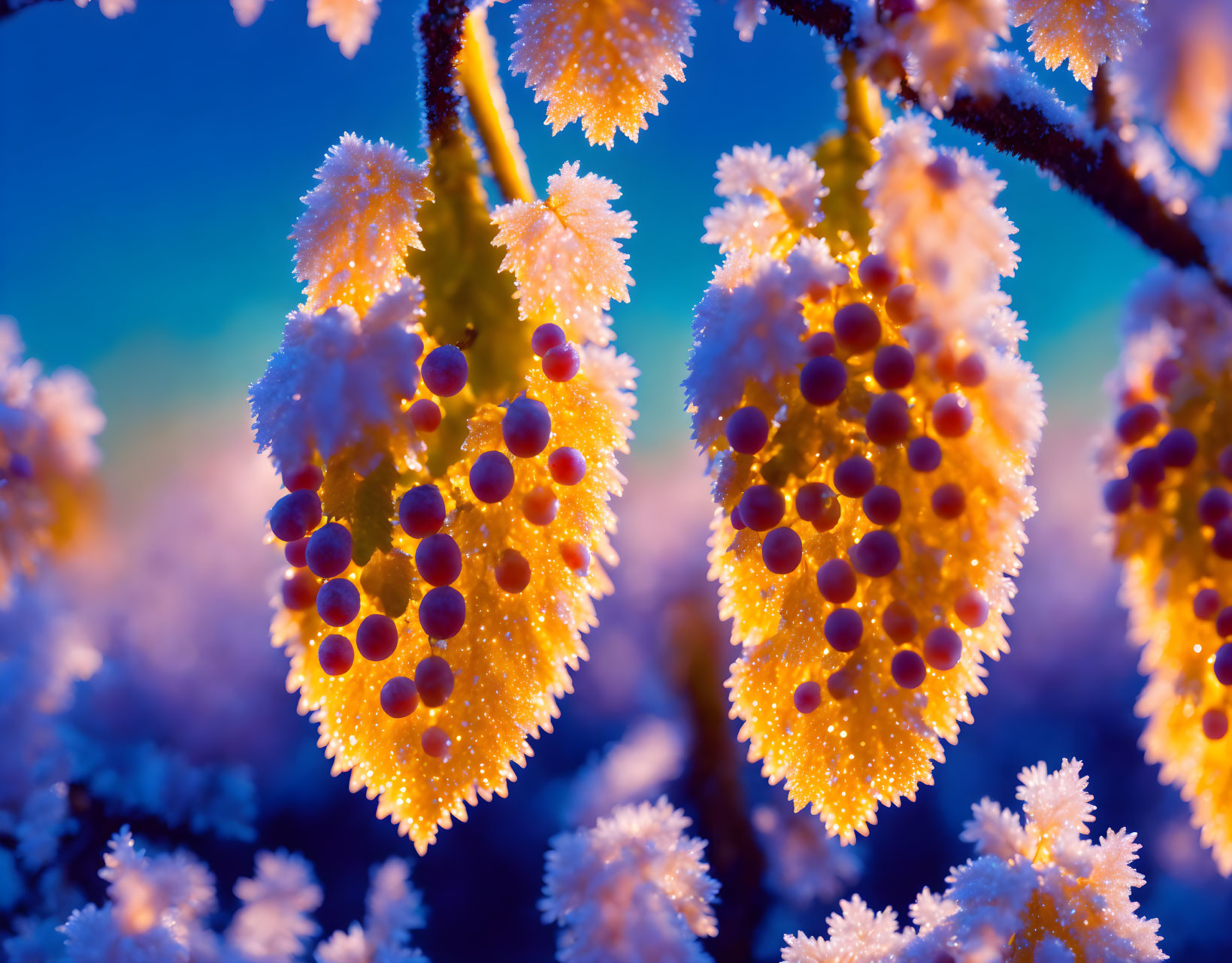 Frost-covered berries and leaves with ice crystals on blue background