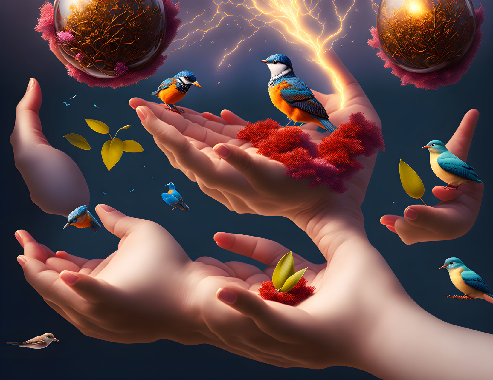 Colorful Birds Surrounding Open Hands with Flames and Orbs