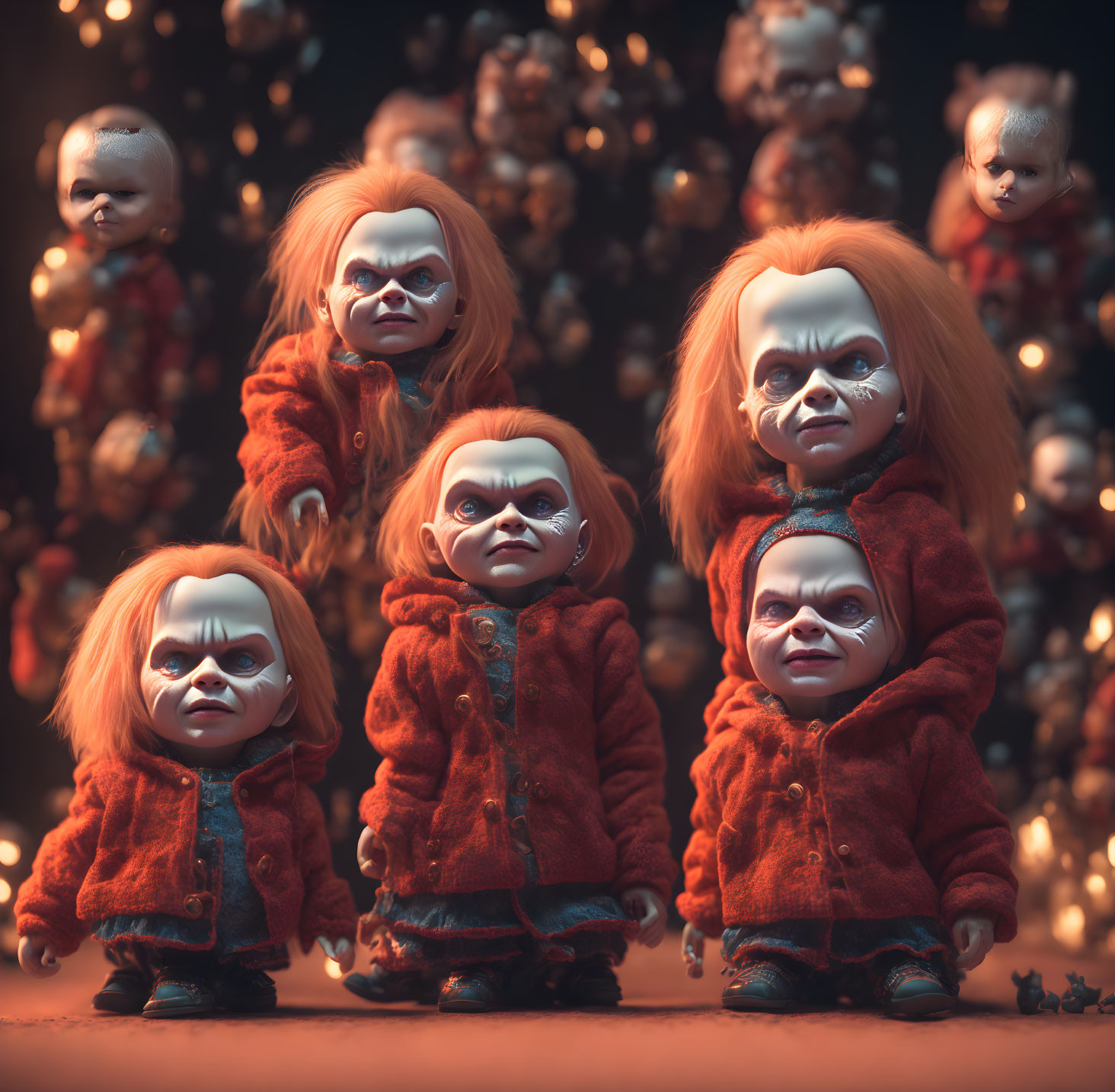 Menacing Chucky Doll Army in Red Overalls