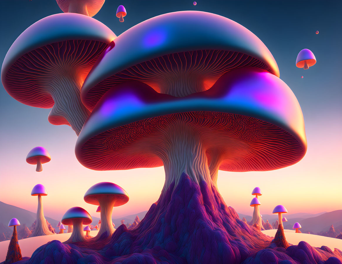 Fantastical landscape with oversized luminescent mushrooms under serene twilight sky