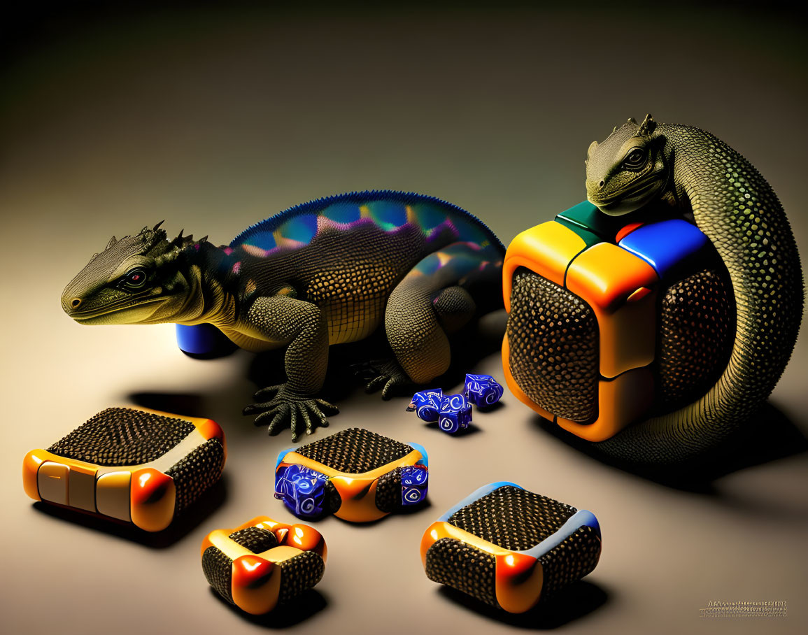 Realistic lizards with rainbow sheen among Rubik's Cubes on beige background