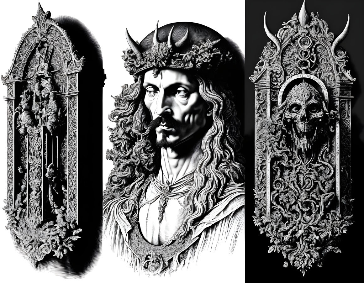 Detailed Monochrome Artwork of Man with Crown and Gothic Frames