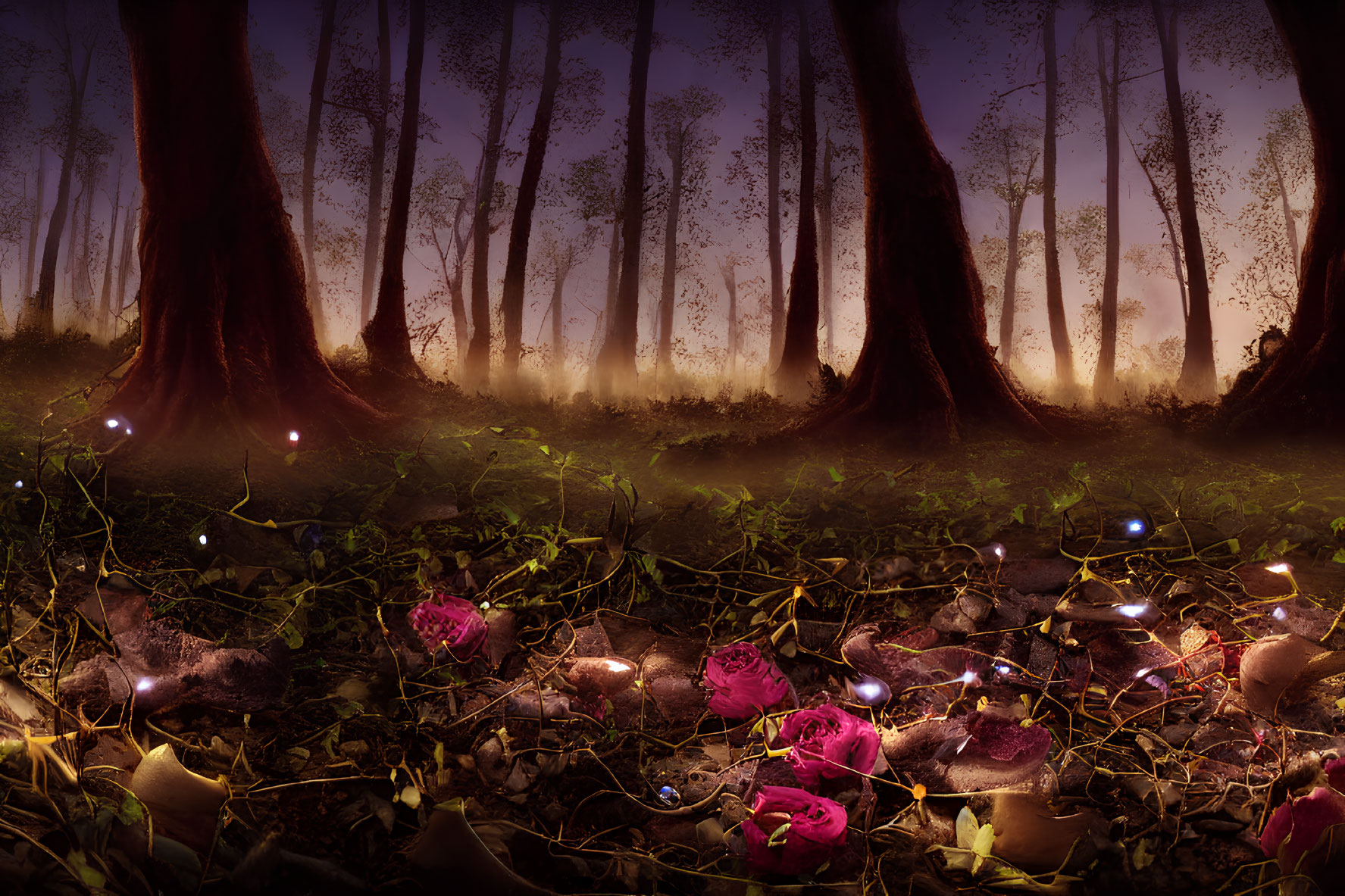 Twilight enchanted forest with large trees and pink flowers