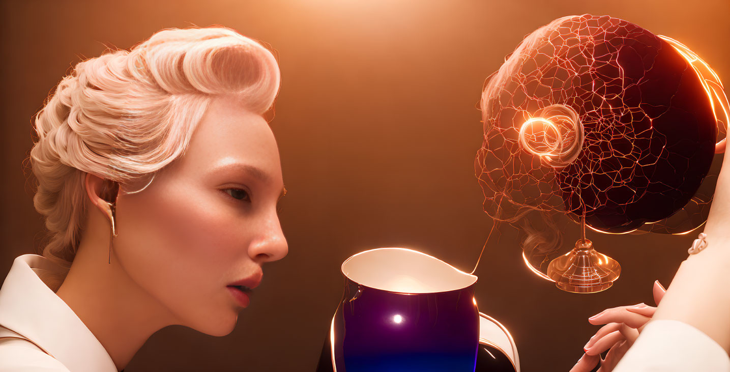 Vintage hairstyle woman gazes at glowing cracked futuristic helmet