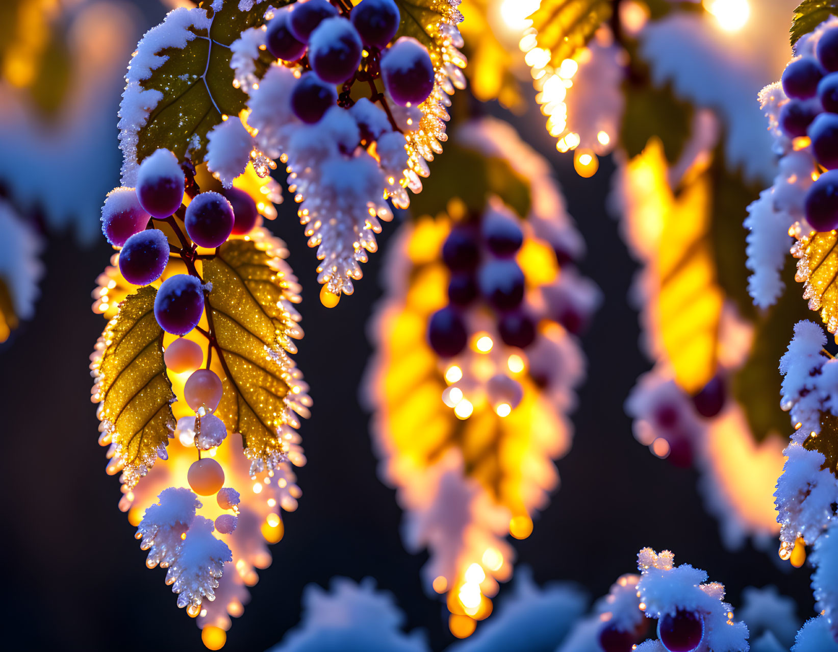 Purple Berries with Snowy Caps on Golden Leaves in Twilight Glow