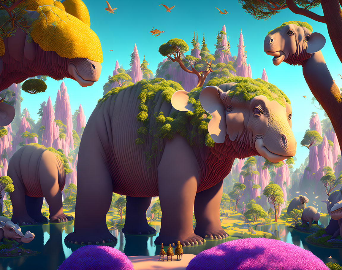 Colorful fantasy landscape with gentle, colossal elephant-like creatures and floating islands.