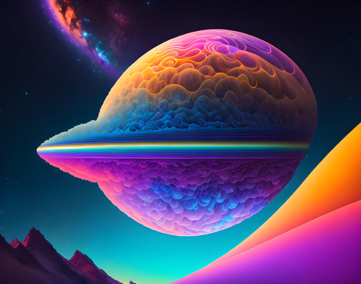 Colorful surreal landscape with textured planet and neon-lit terrain