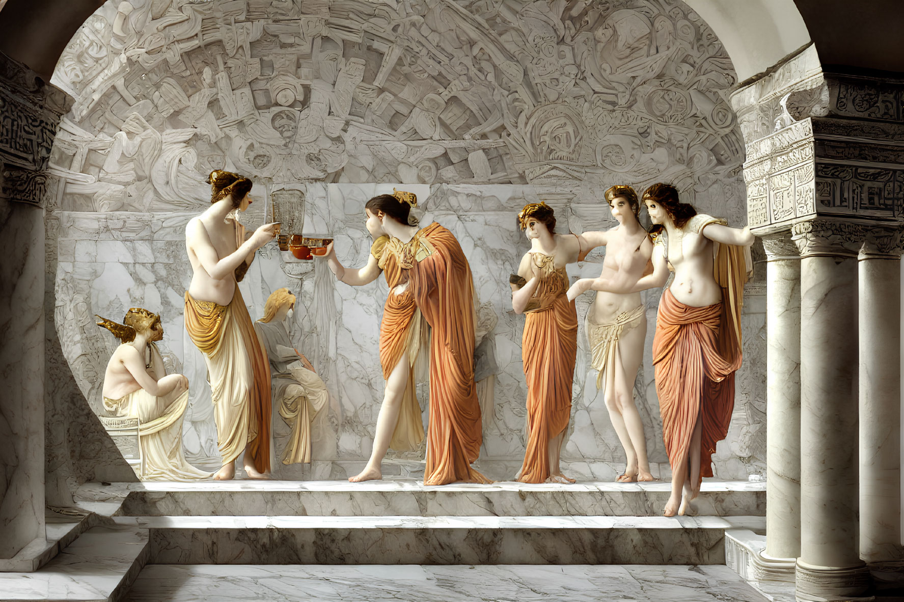 Draped figures exchanging a golden cup in ancient setting