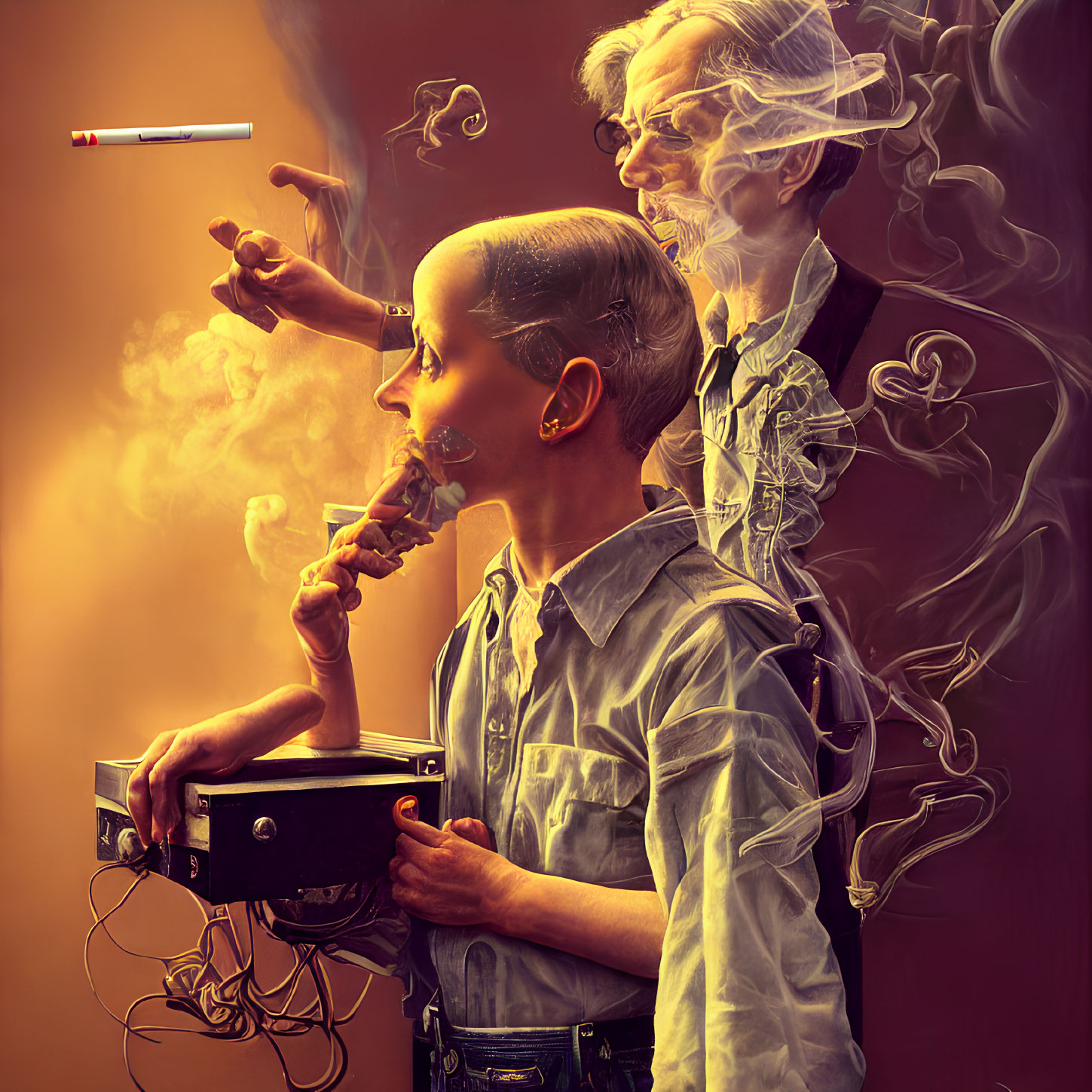 Surreal artwork: bald person with headphones, smoke patterns, older figure