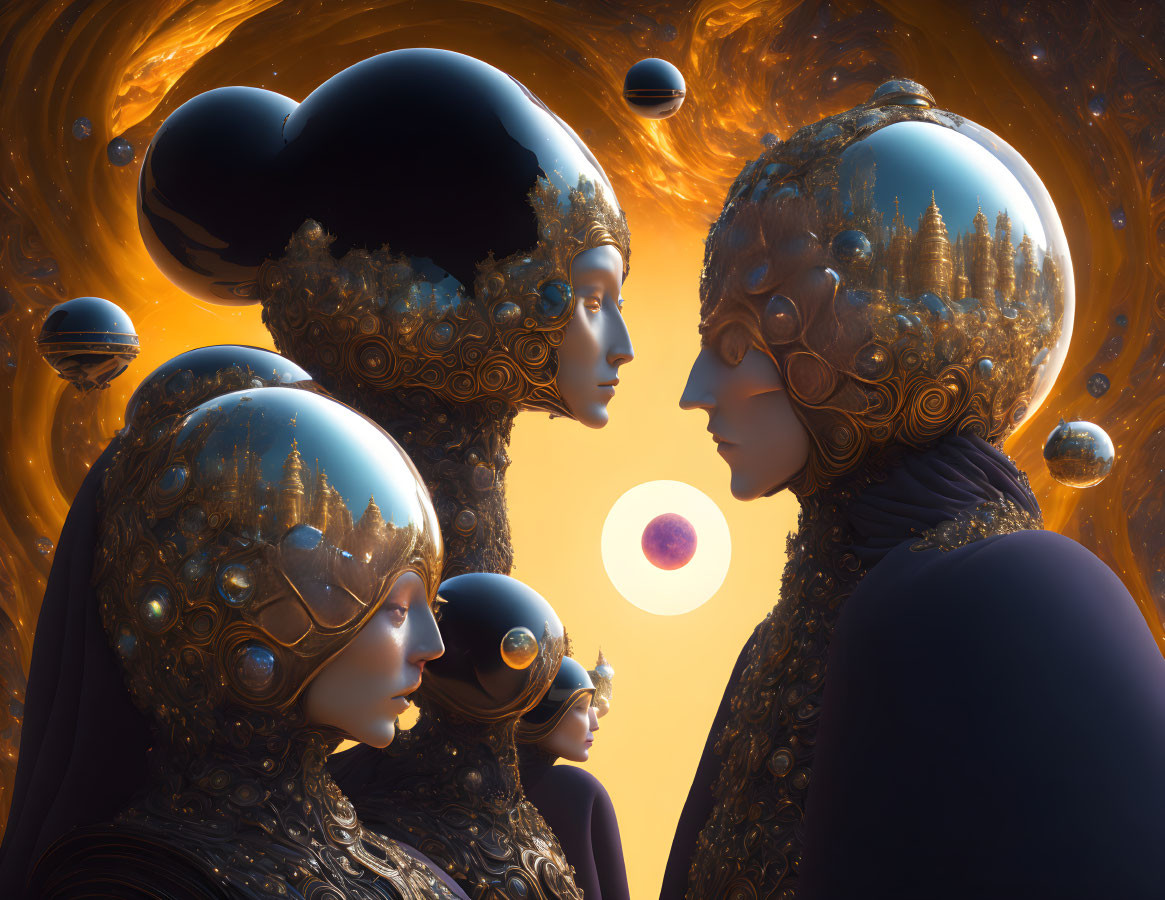 Surreal portrait of four figures with elaborate headdresses against golden cosmic backdrop