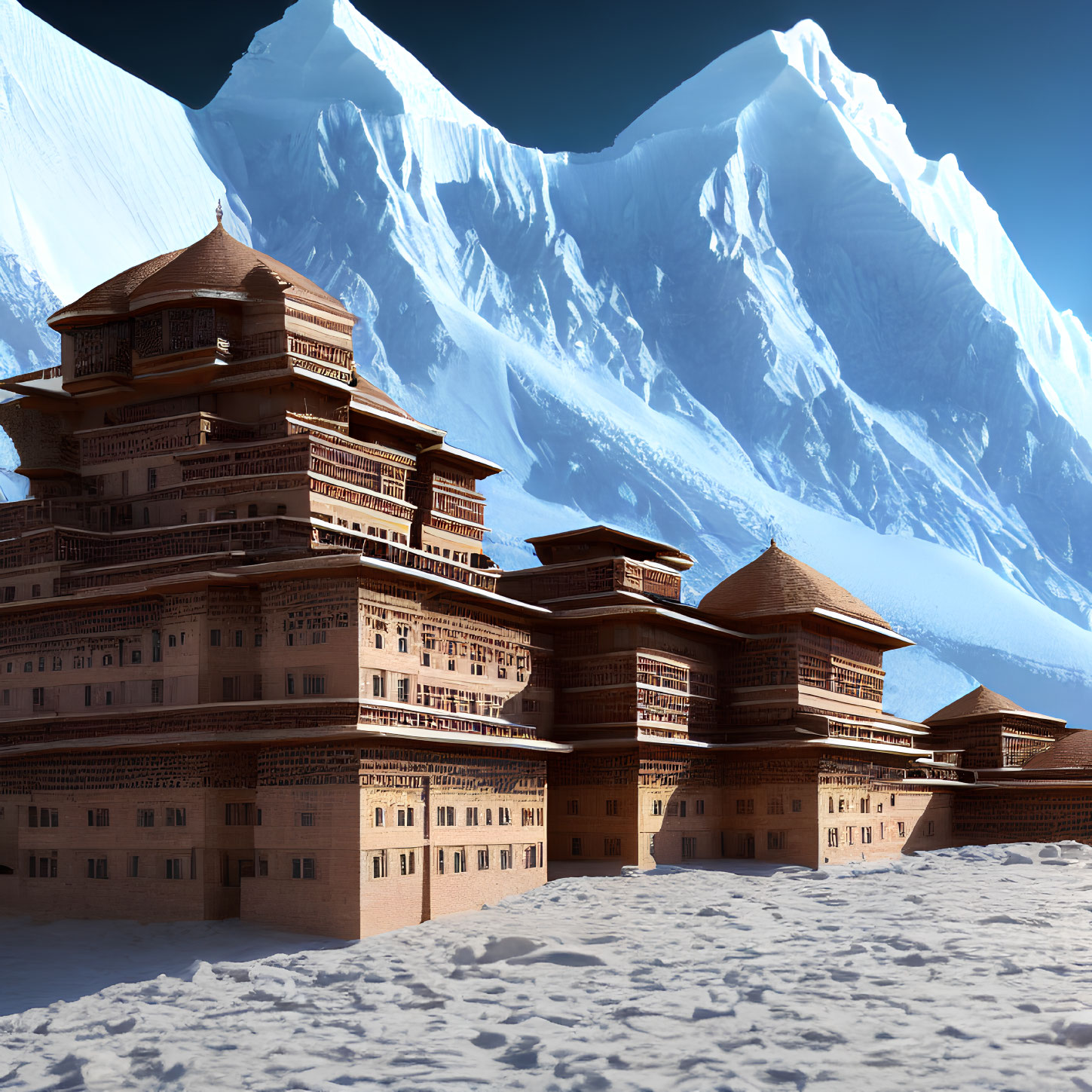 Intricate Palace Complex in Snowy Mountain Landscape