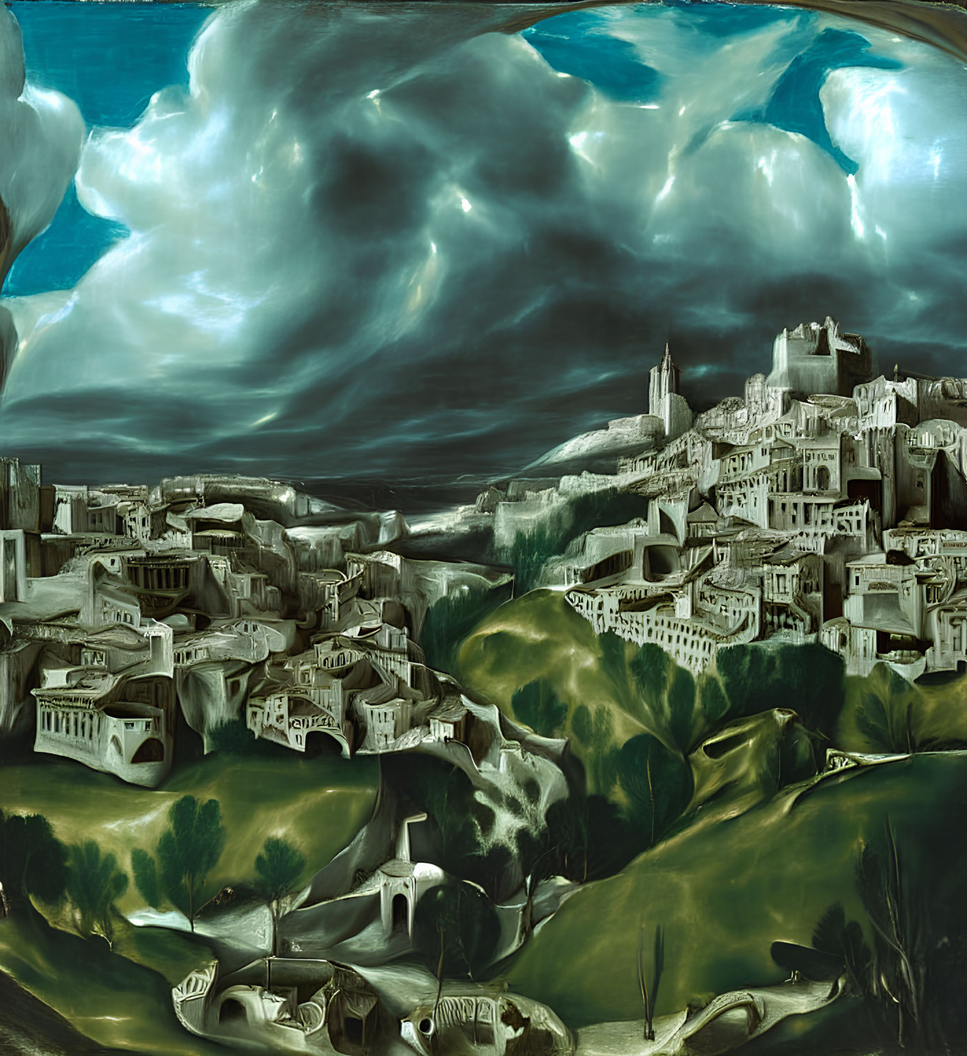 Eerie painting of ancient hilltop town under dramatic sky