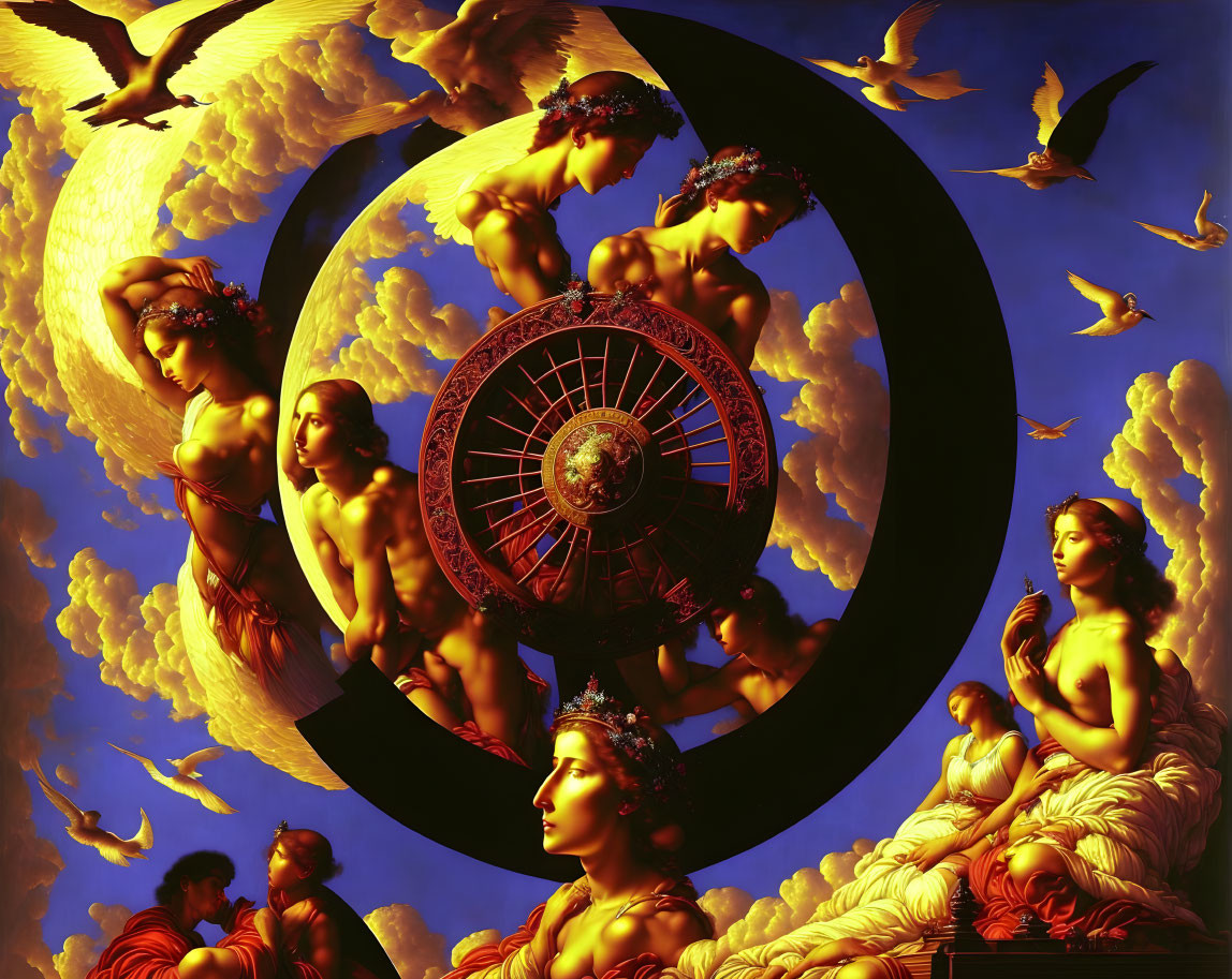 Surreal artwork: classical figures, celestial wheel, birds, yin-yang symbol