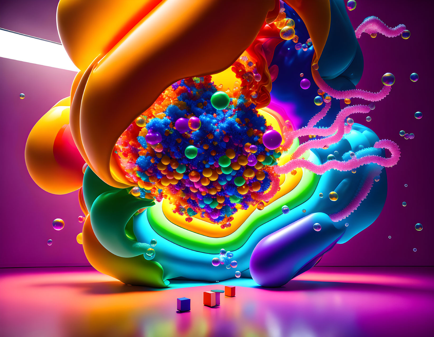 Colorful Abstract 3D Illustration with Swirling Spheres and Orbs