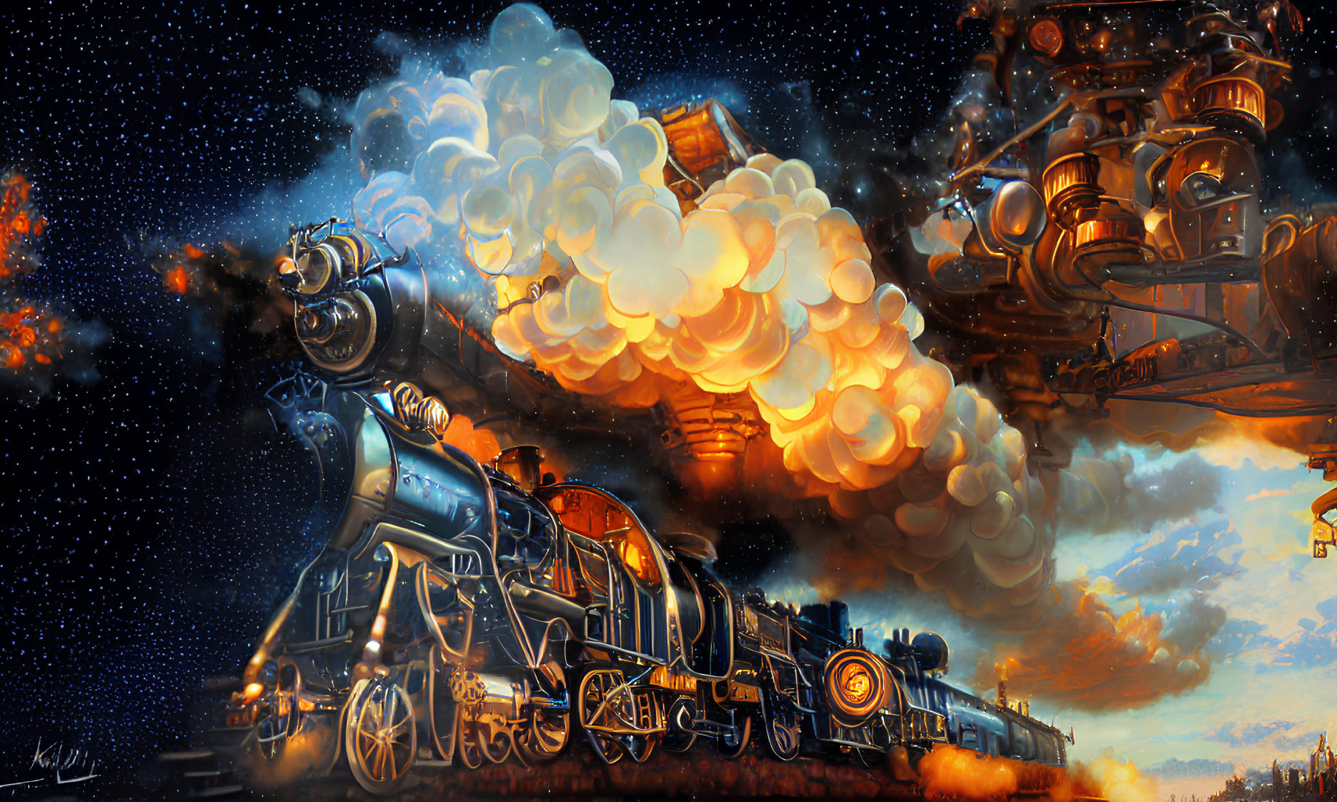 Fantastical steam engine train in cosmic space landscape