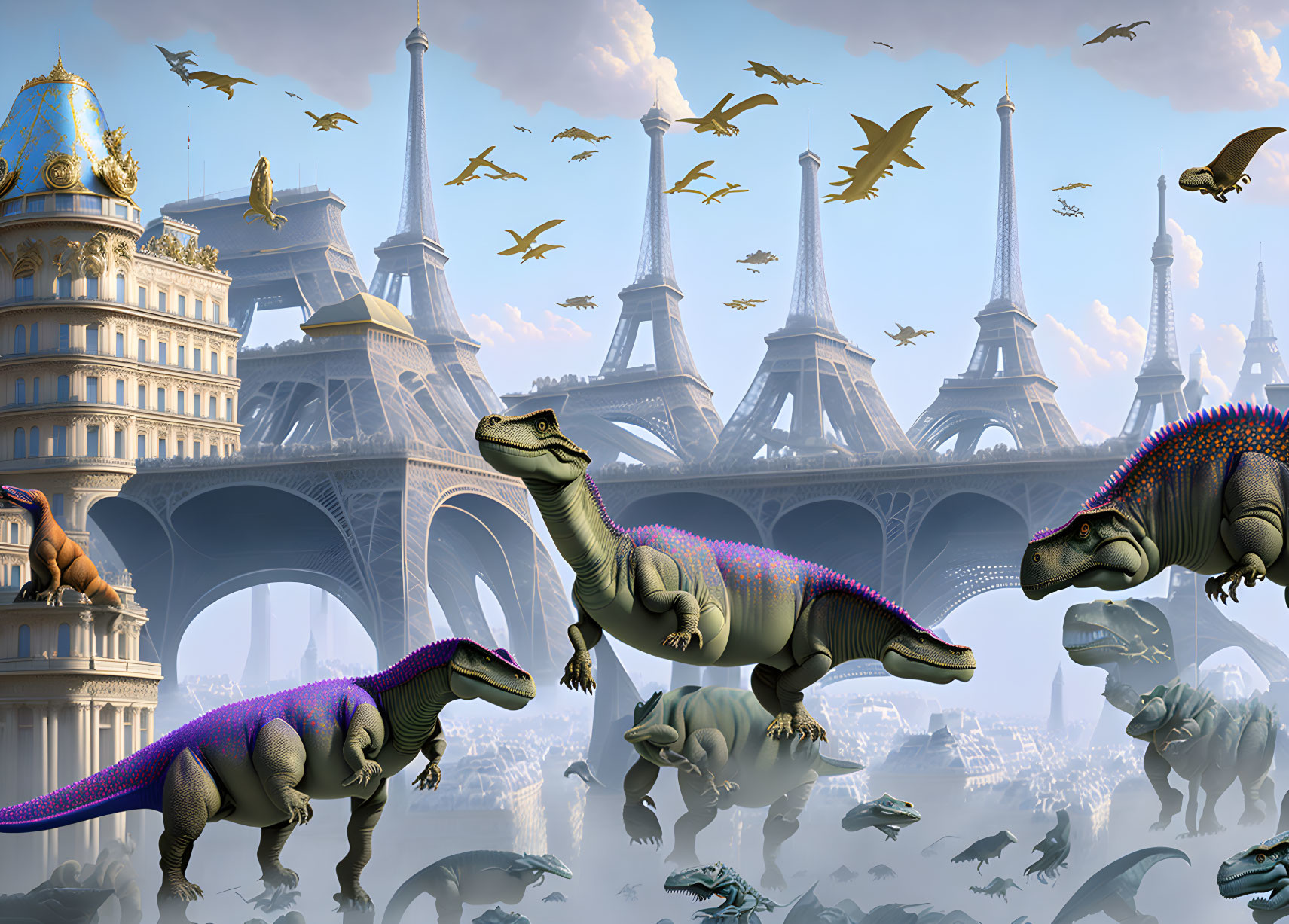 Fantastical scene: Multiple Eiffel Towers, flying creatures, colorful dinosaurs, classical architecture under