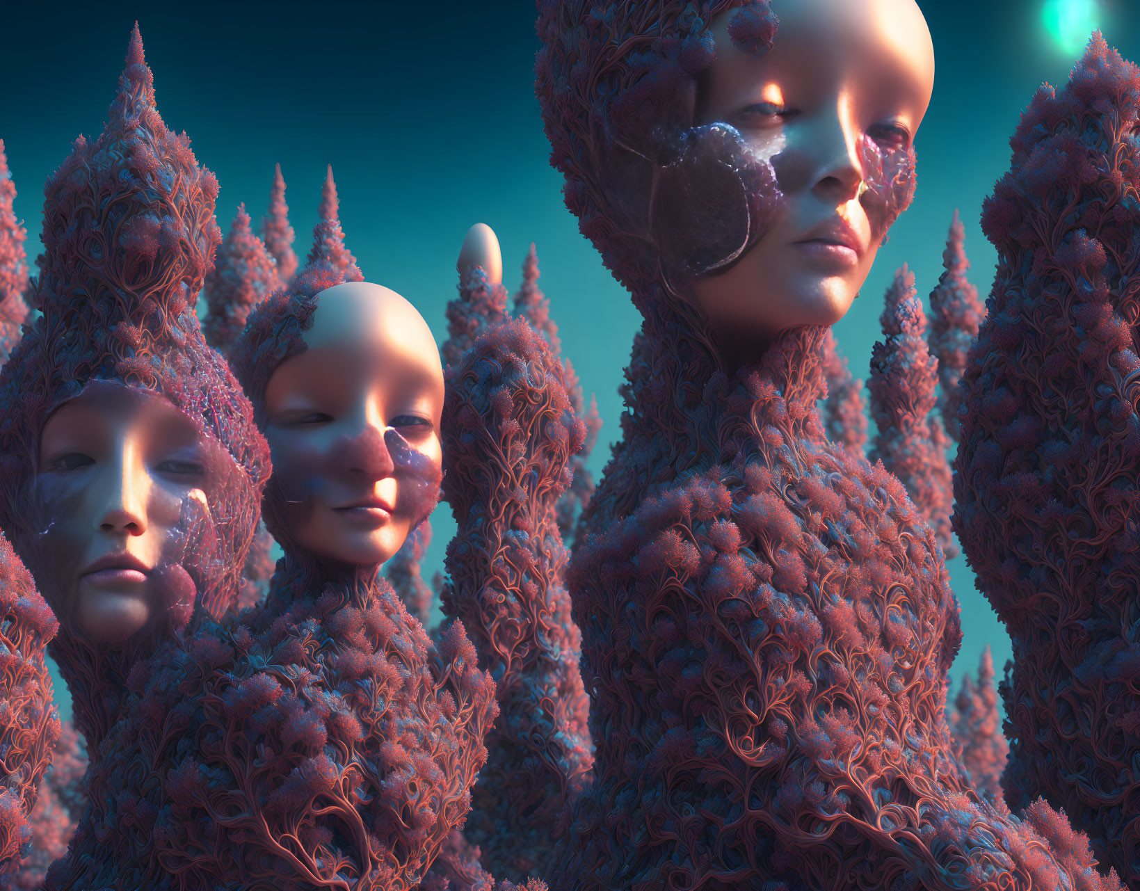 Surreal humanoid figures with mask-like faces in coral-like setting under teal light