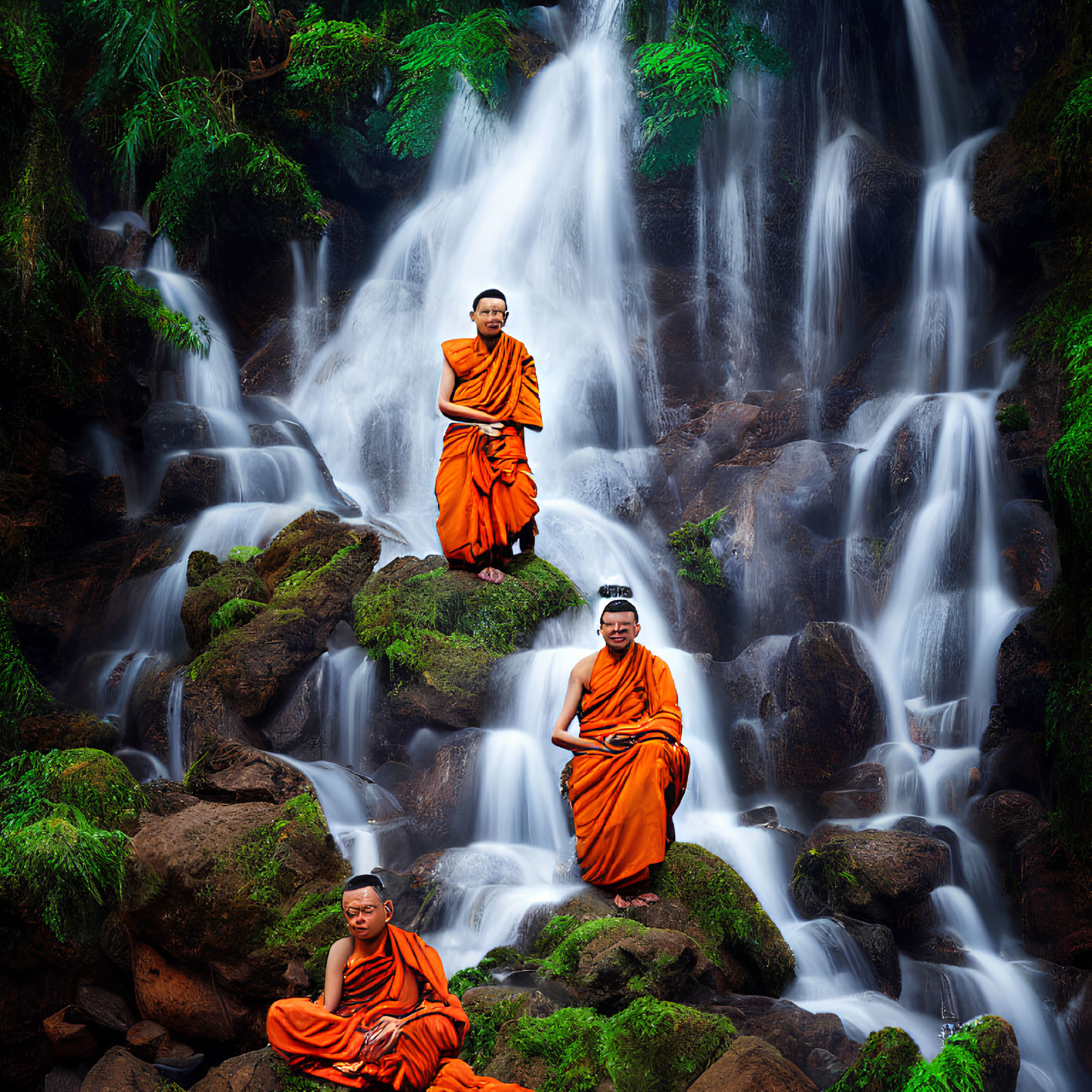 Three Monks Meditating by Cascading Waterfall