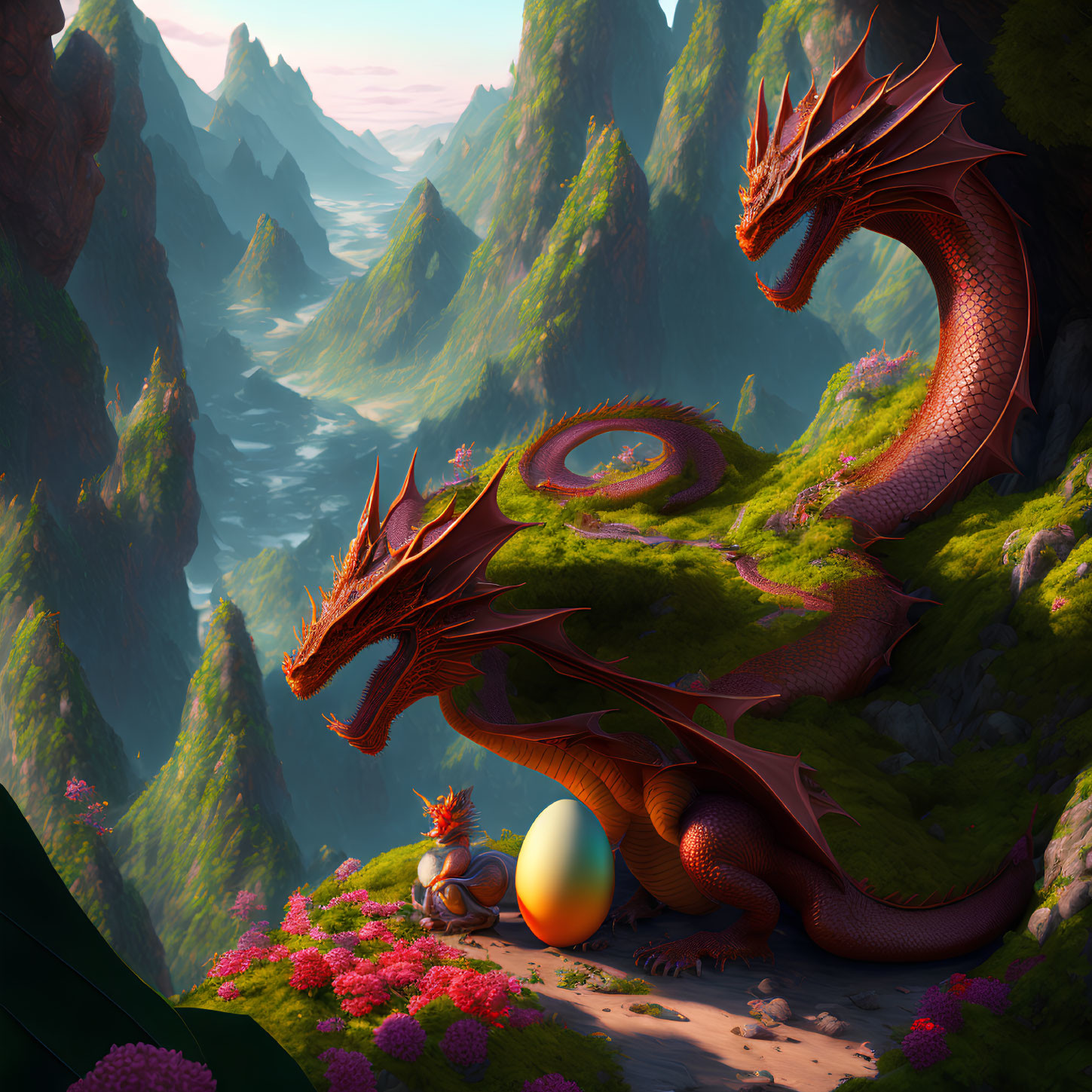 Dragon and knight with egg in mountain landscape and pink flowers