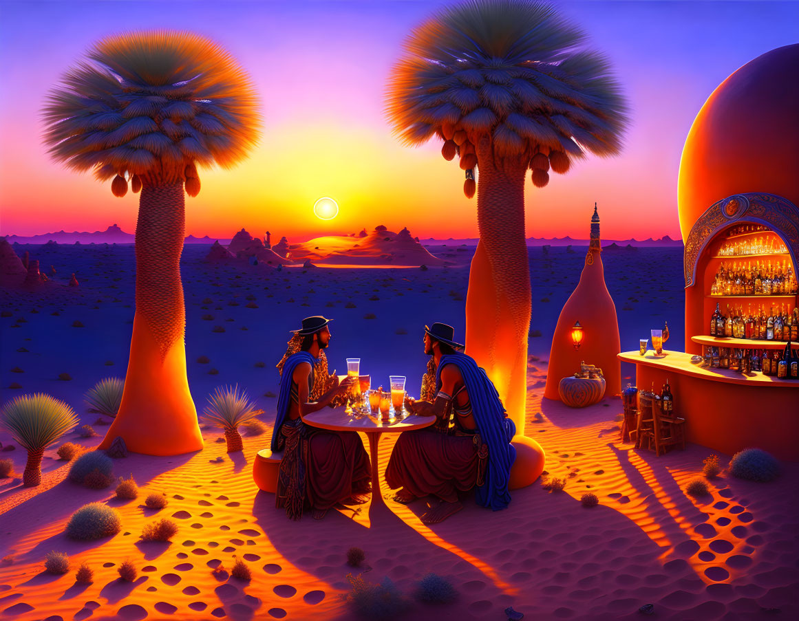 Two individuals in traditional attire in vibrant desert oasis at sunset