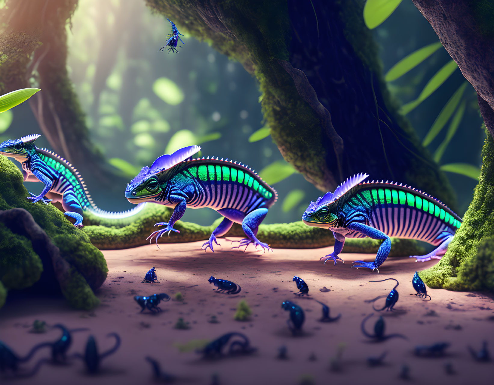 Colorful Frilled Lizards in Mystical Forest Scene