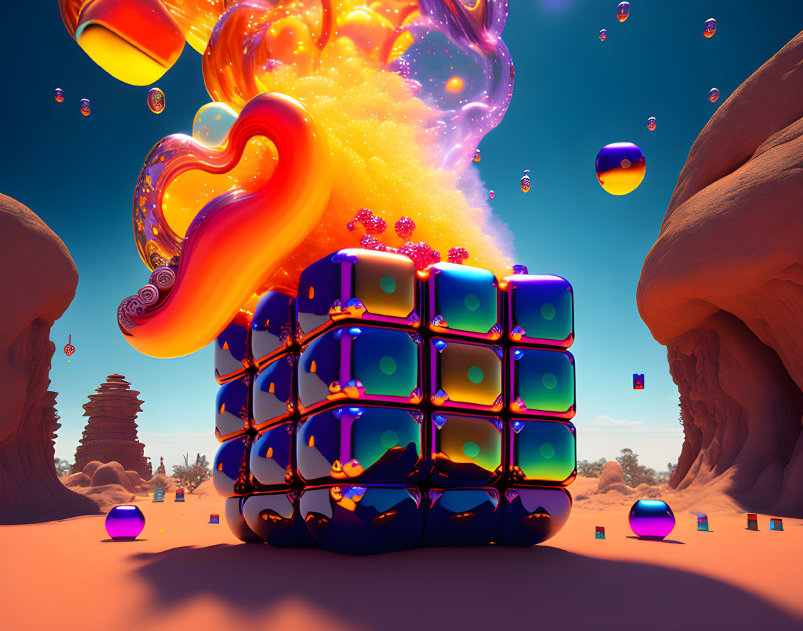 Colorful surreal desert landscape with Rubik's Cube explosion and floating spheres