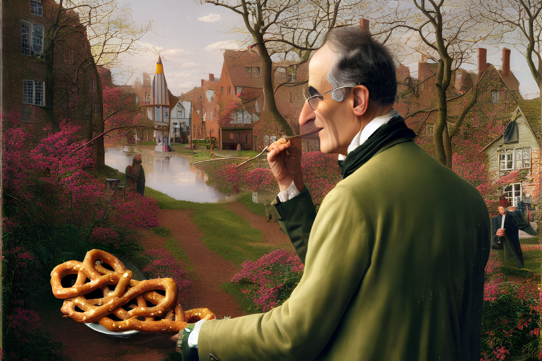 Whimsical portrait of a man with giant pretzel in idyllic village