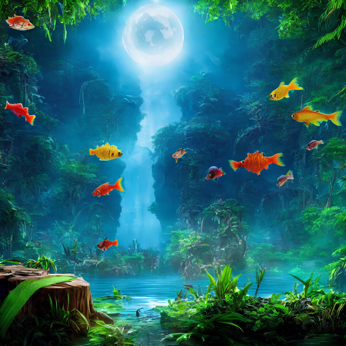 Mystical blue-green jungle with glowing moon, orange fish, and tranquil river