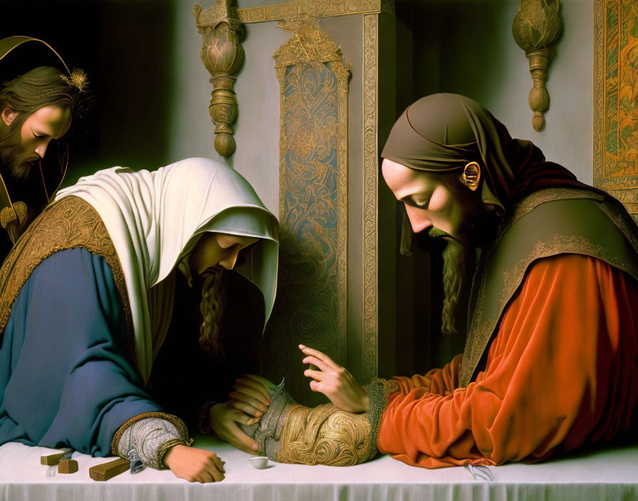 Detailed painting of bearded man counting coins with two others at table