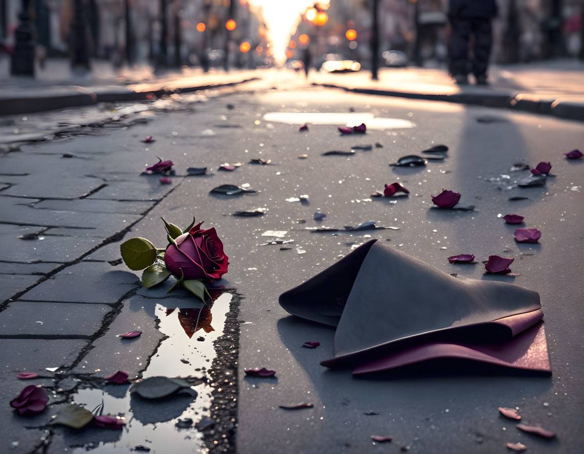 Red rose and petals next to open envelope on wet city street at dusk