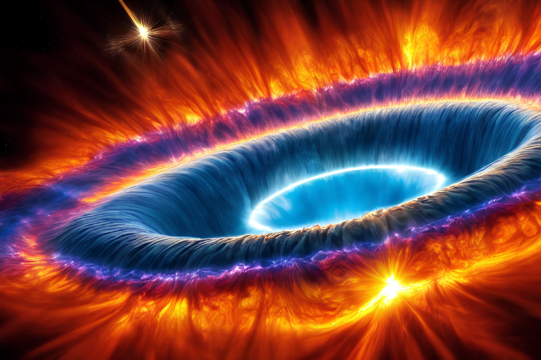 Celestial digital artwork with blue and purple ring, fiery orange and yellow hues