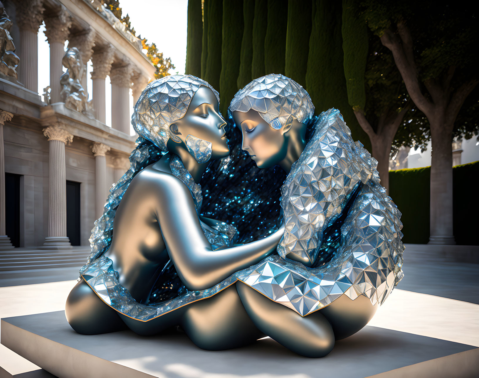 Glossy metallic figures in embrace against architectural background