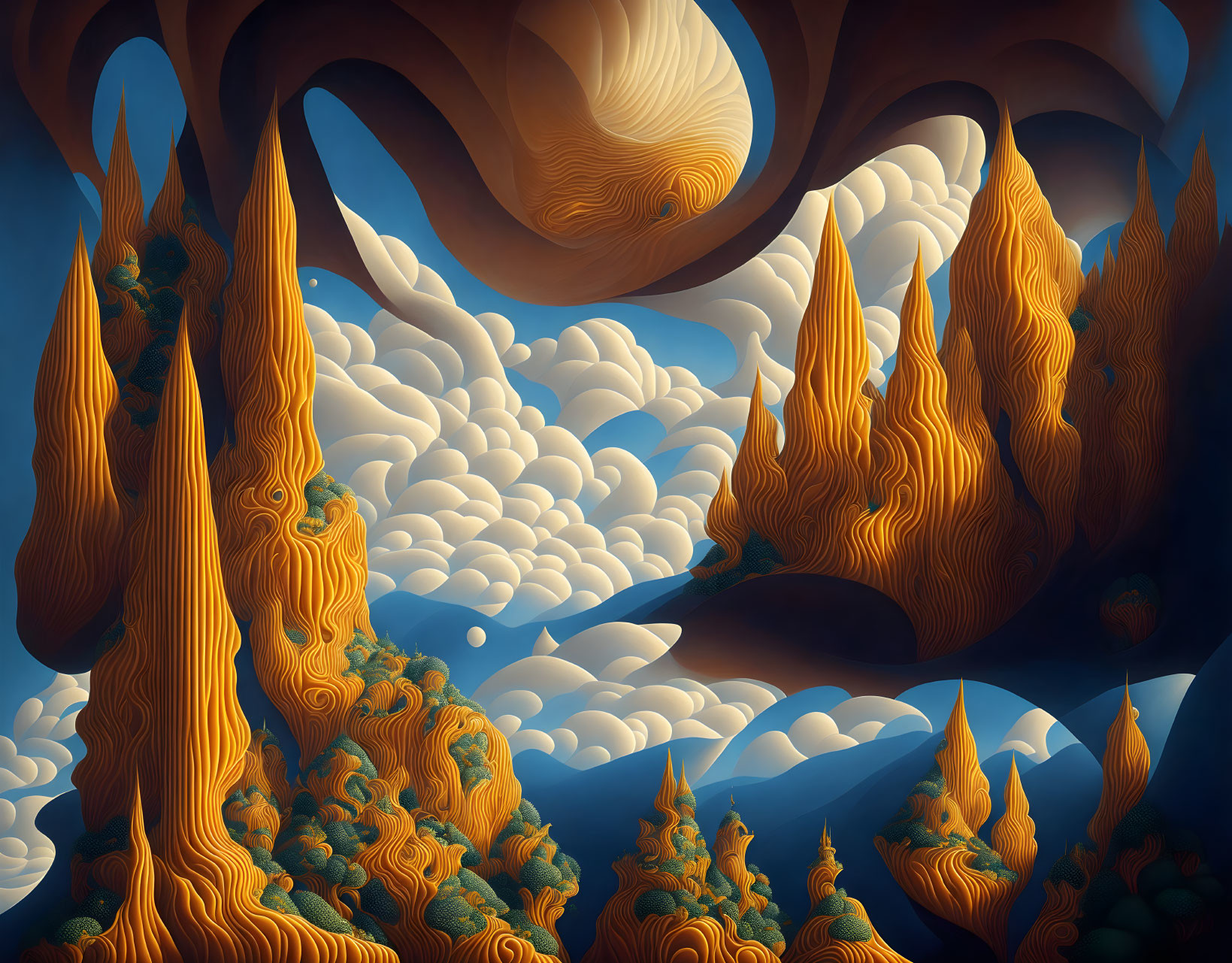 Stylized orange cliffs in surreal landscape with undulating clouds