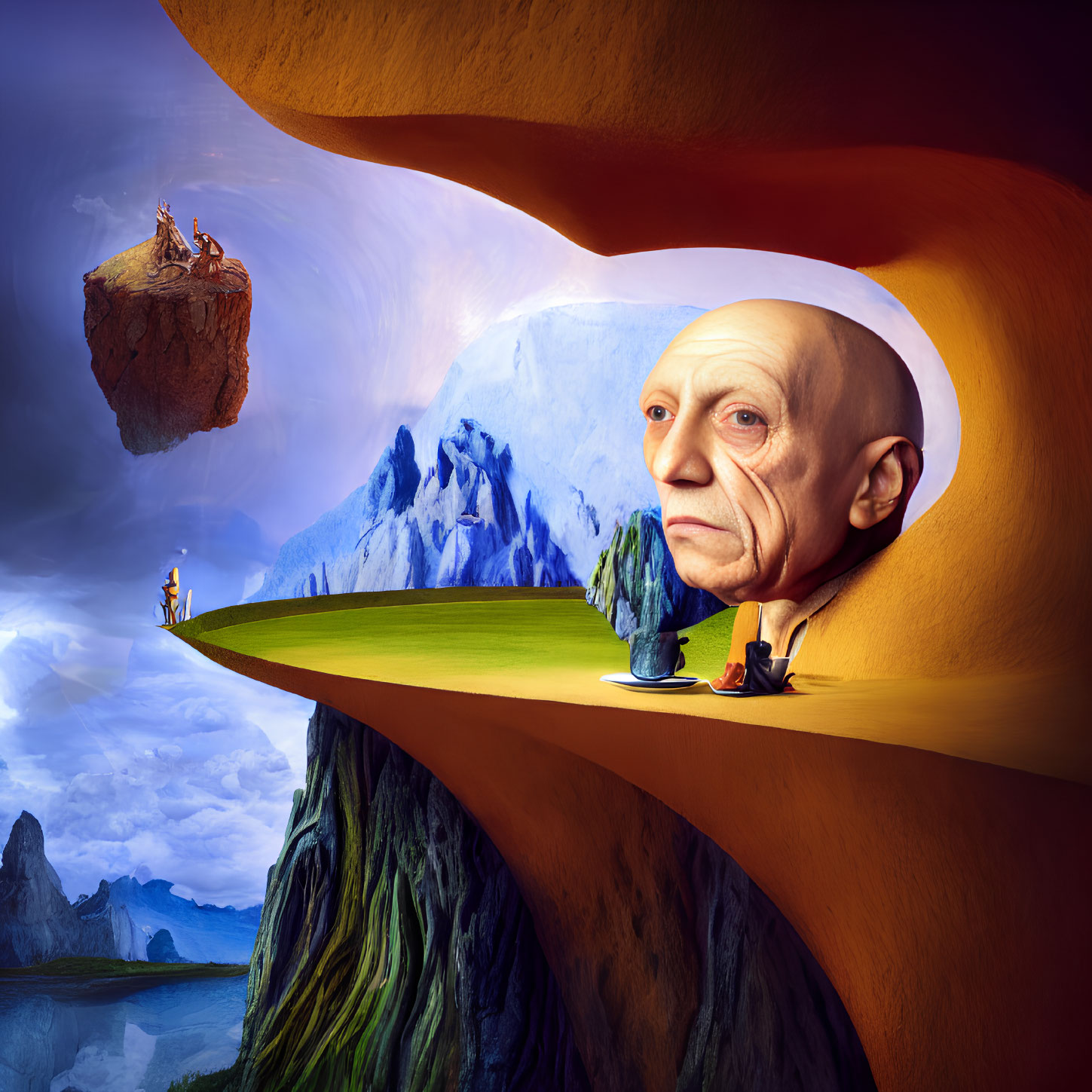 Bald man's head in profile in surreal composite landscape