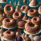 Colorful surreal landscape with floating donuts and candy amidst golden spires.