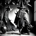 Two people in witch costumes with pointed hats in a room with unicorn head and shadows.